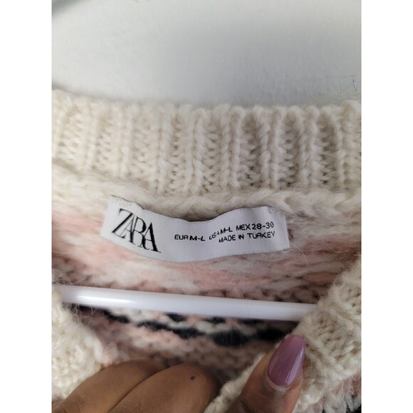 ZARA Jacquard Knit Sweater Fair Isle Wool/ Alpaca Cream/ Pink Size M/ LARGE - Picture 7 of 7